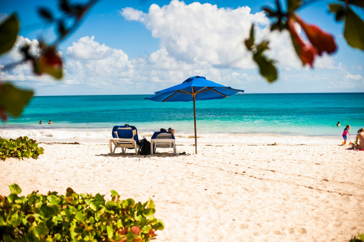 Beach umbrella and turquoise water in Barbados